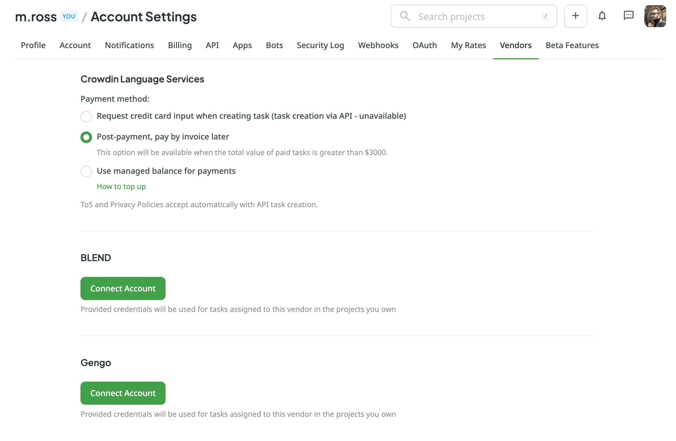 Account Settings Vendors